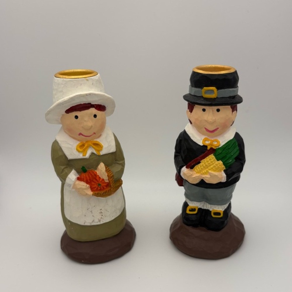 Vintage Resin Teleflora Thanksgiving Taper Candleholders • Pilgrim Couple